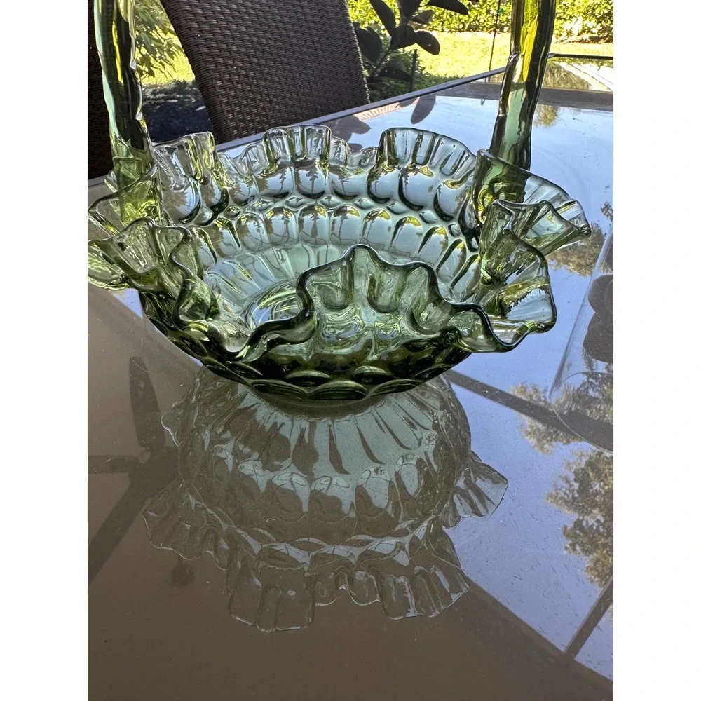 Vintage Fenton green Glass‎ Hobnail Basket Ruffled Edge Bamboo Handle Candy Dish